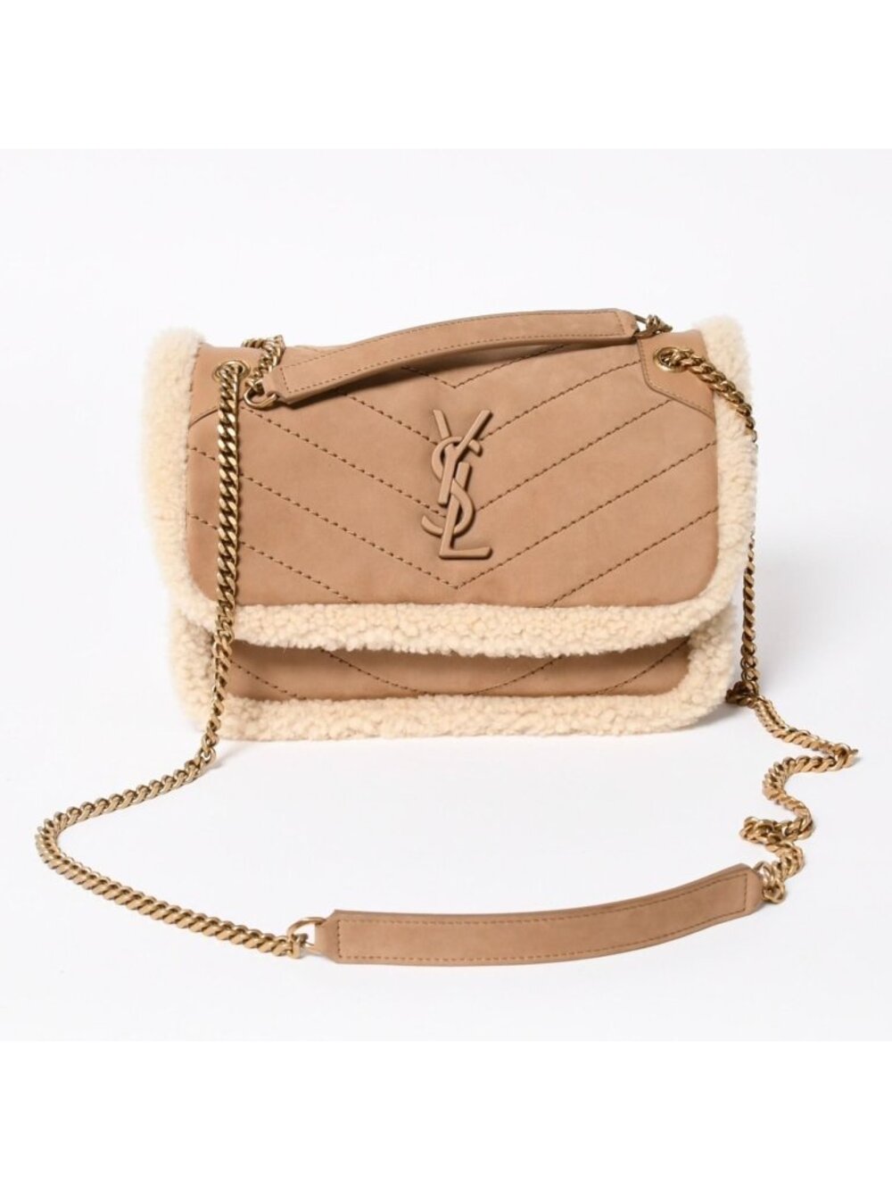 Saint Laurent Niki Shearling Shoulder Bag Brown Beige Gold